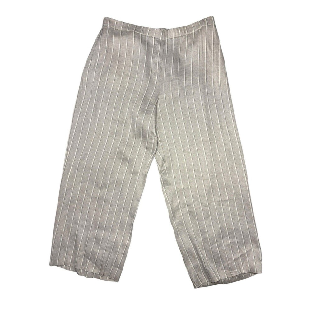 Theory Wide Leg Linen Blend Cropped Pants Striped Beige Ladies L